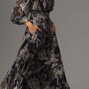 Anthropologie Printer Johnson Long Sleeved V-Neck Midi Dress